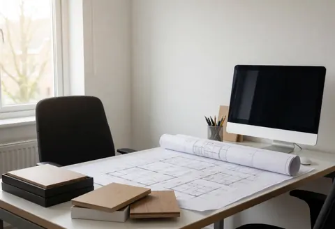 Construction blueprints and wood samples arranged on a workbench in an office setting with natural light