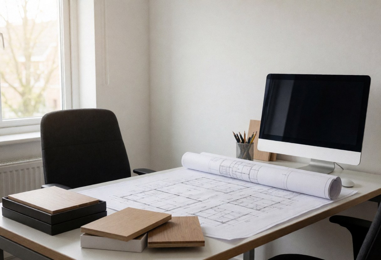 Construction blueprints and wood samples arranged on a workbench in an office setting with natural light