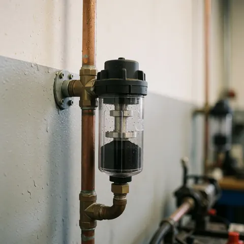 Close-up view of a magnetic filter with accumulated sludge inside a copper pipe in a boiler repair workshop.