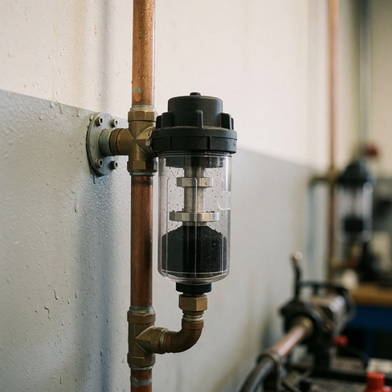 Close-up view of a magnetic filter with accumulated sludge inside a copper pipe in a boiler repair workshop.