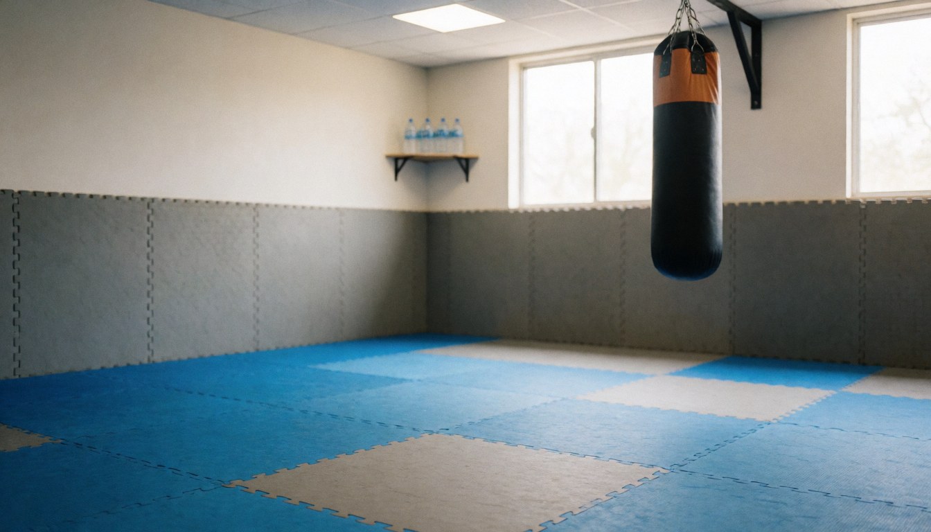 Black punching bag hanging in a martial arts training room with blue and gray mats, ideal for individual practice.