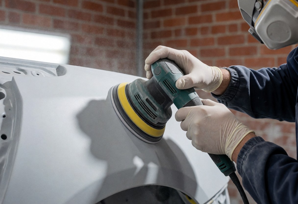 Close-up of an auto body sander smoothing a car panel, creating dust against a red brick wall background.