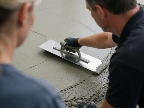 A construction worker wearing gloves uses a trowel to finish the surface of wet concrete at a building site.