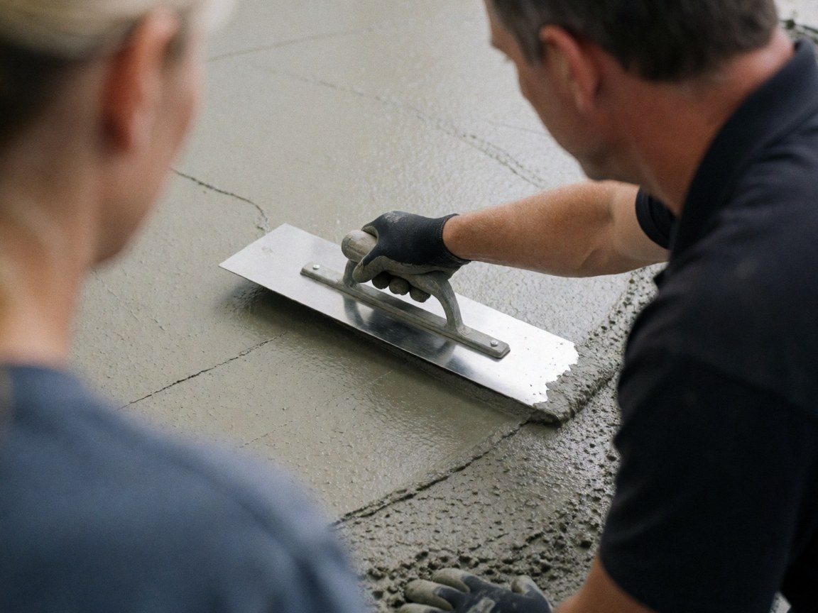 A construction worker wearing gloves uses a trowel to finish the surface of wet concrete at a building site.