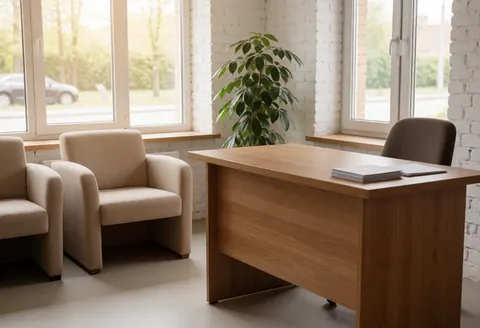 Reception area featuring a wooden desk, beige chairs, and green plants against a white brick wall.