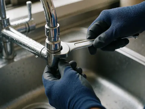 Close-up of gloved hands using a wrench to tighten a chrome kitchen faucet during a plumbing repair service