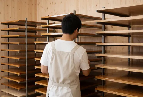 Wood carver inspecting freshly varnished wooden shelves in a workshop with light wood panel walls and metal structures
