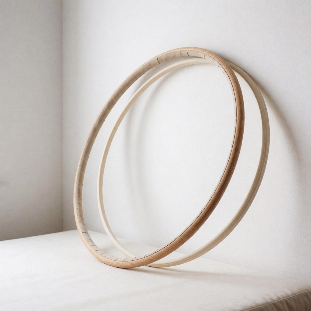 Two natural wooden gymnastic rings placed on a white surface with soft lighting and white walls, suitable for sports equipment product displays.