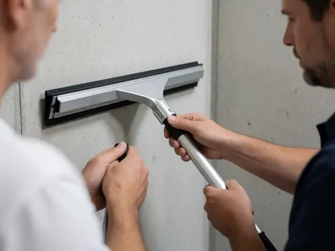Detail view of an aluminum squeegee cleaning a concrete surface, showing the handle grip and mechanism.