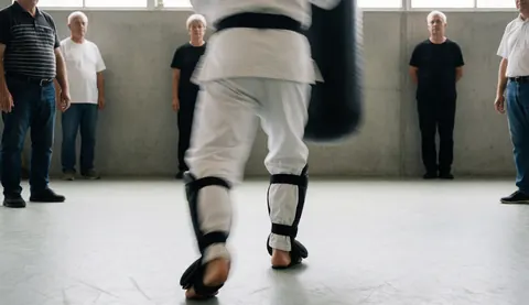 A karate student wearing shin guards strikes a heavy bag in a dojo with concrete walls while spectators watch.