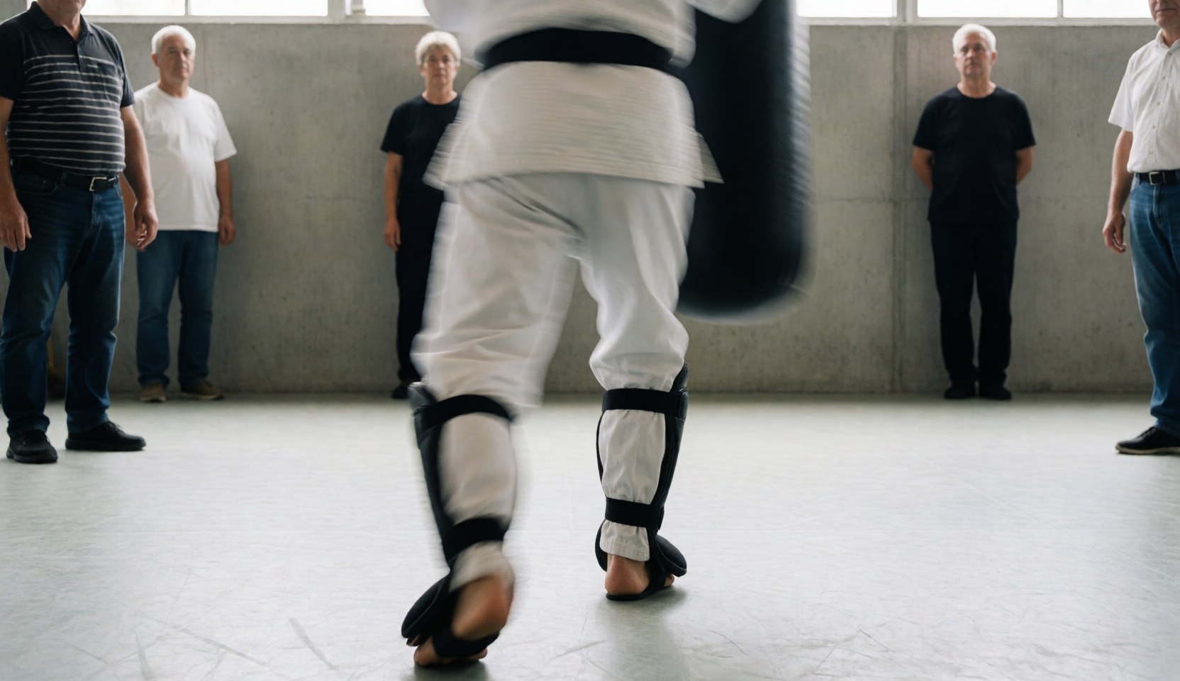 A karate student wearing shin guards strikes a heavy bag in a dojo with concrete walls while spectators watch.