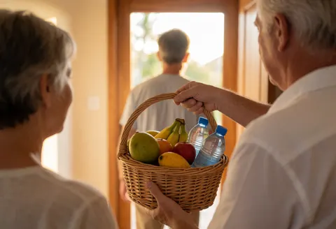 Guest receiving a wicker basket with tropical fruits and bottled water at the entrance of a vacation home