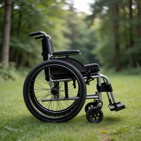 A sturdy wheelchair with large wheels sits on green grass in a natural outdoor setting with a blurred forest background, suitable for accessibility product displays.
