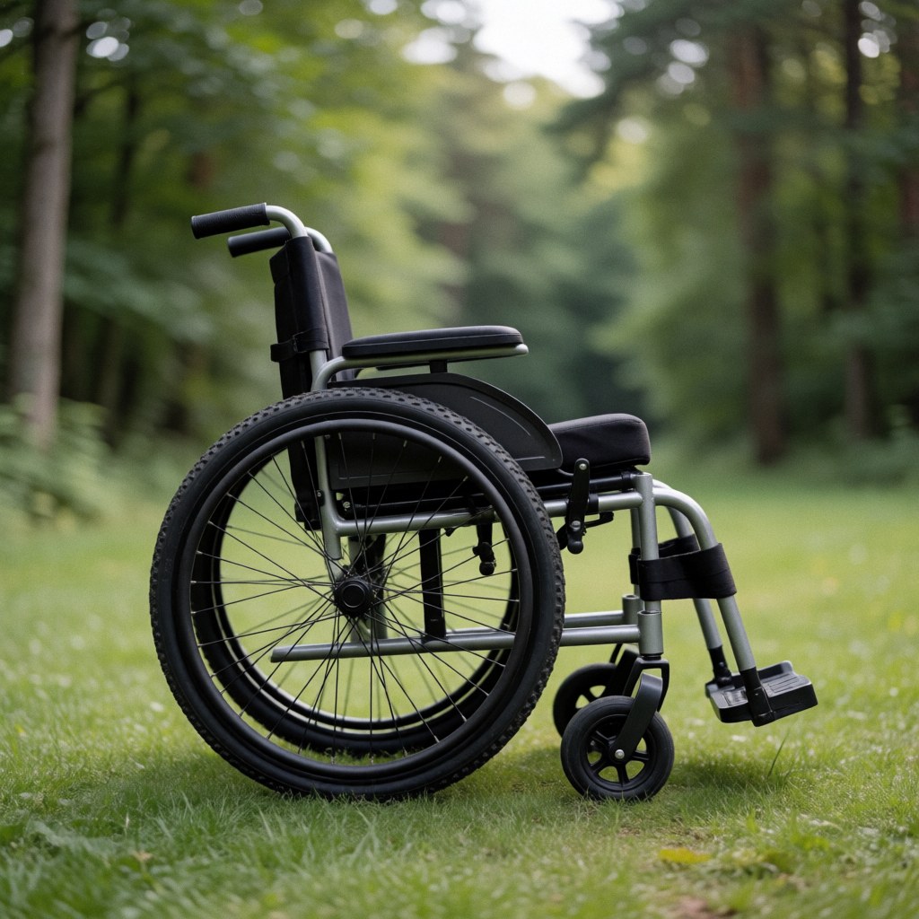 A sturdy wheelchair with large wheels sits on green grass in a natural outdoor setting with a blurred forest background, suitable for accessibility product displays.
