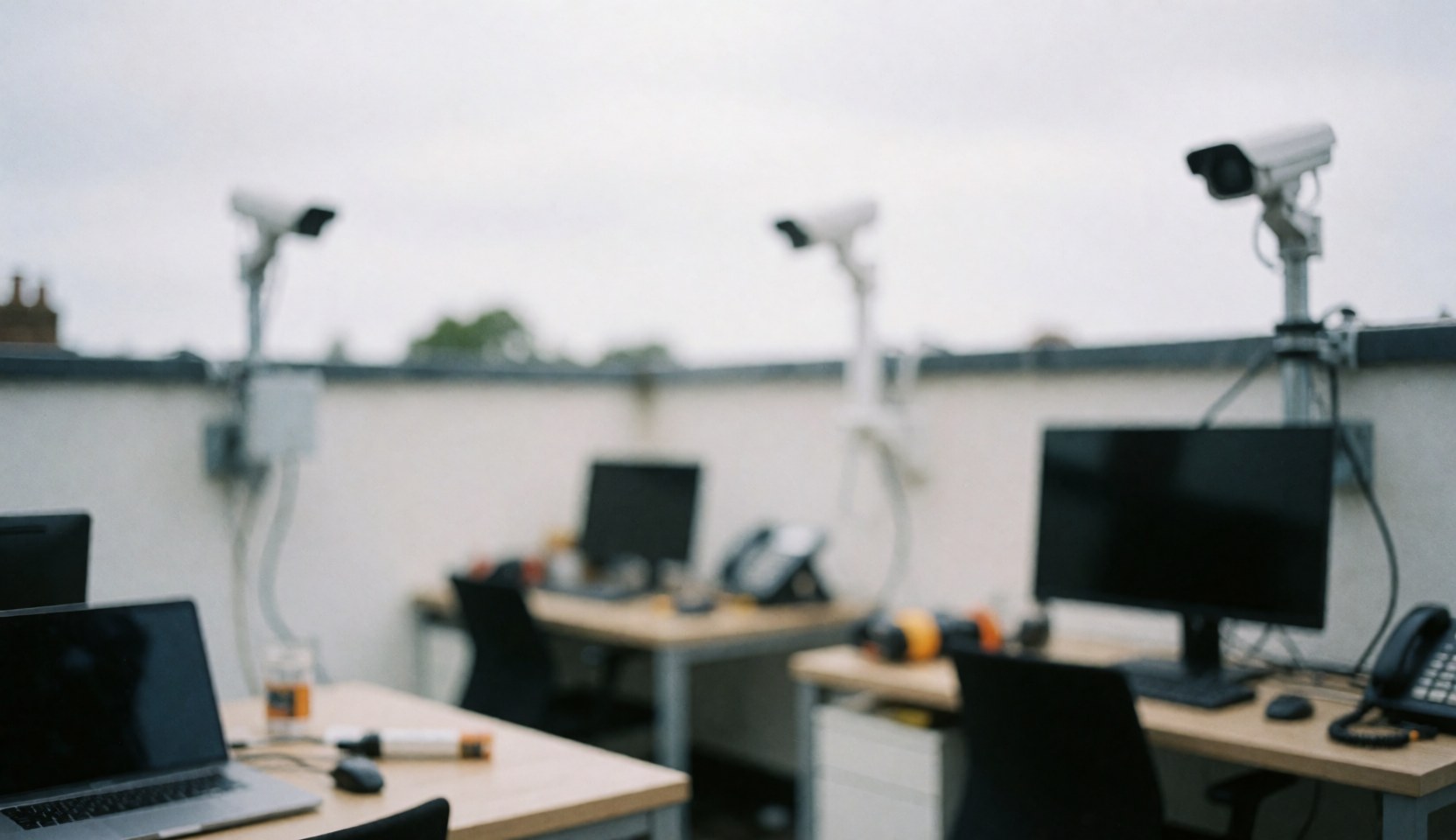 Ceiling-mounted security cameras positioned above office desks with monitors, suitable for security company text backgrounds