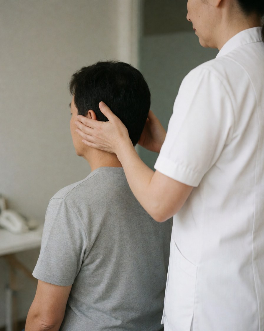 A therapist in a white uniform performs a cervical massage on a seated client in an office with light gray walls.
