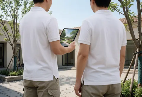 Two gardeners holding a tablet to show a garden design in a residential patio with young trees and stone paving.