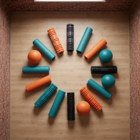 Foam rollers and rubber therapy balls arranged in a circle on a wooden floor with brick walls, ideal for gym or physical preparation studio product display
