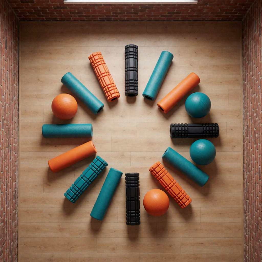 Foam rollers and rubber therapy balls arranged in a circle on a wooden floor with brick walls, ideal for gym or physical preparation studio product display