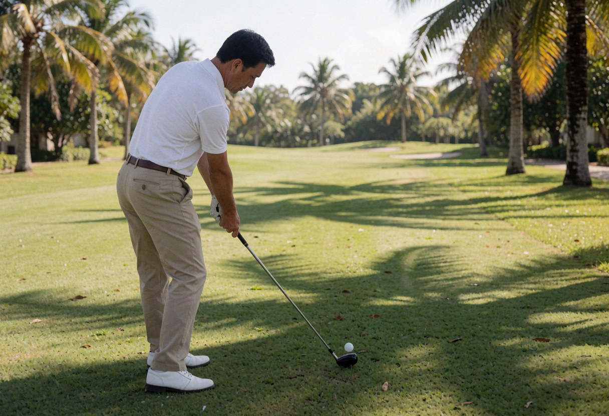Golf instructor performing a swing on a course with palm trees, golf ball on the ground, and sunlight.