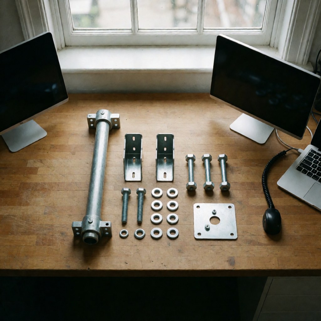 Complete antenna mounting kit laid out on a wooden table with natural light, suitable for installation professionals.