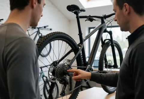 A professional instructor explains the gear mechanism of a mountain bike in a shop with white brick walls.