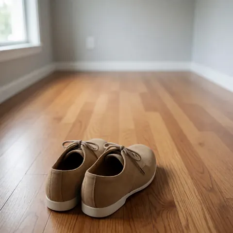 Suede dance sneakers resting on a polished wooden floor with light gray walls and natural lighting