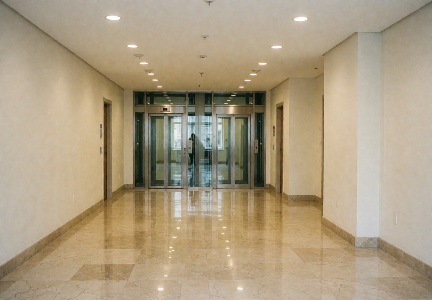 Spacious lobby featuring polished marble flooring, glass elevator doors, and warm white walls creating a clean professional atmosphere.