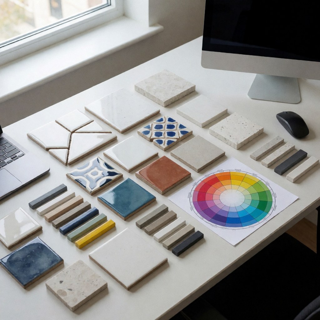Tile samples and a color wheel resting on a table with natural light for interior design projects