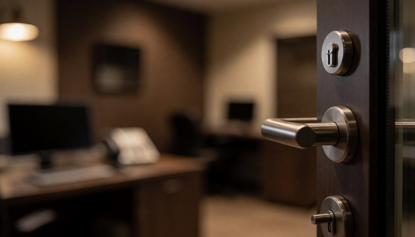 Close-up of a metal door handle and lock on an office door with a blurred background featuring a desk and warm lighting.