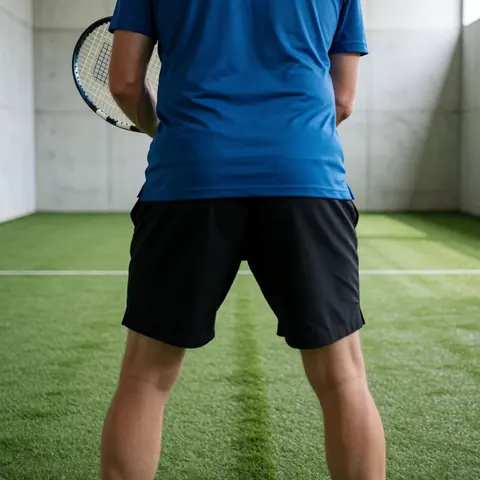Tennis player holding a racket on a synthetic court with concrete walls, demonstrating a professional stance for lessons or matches.