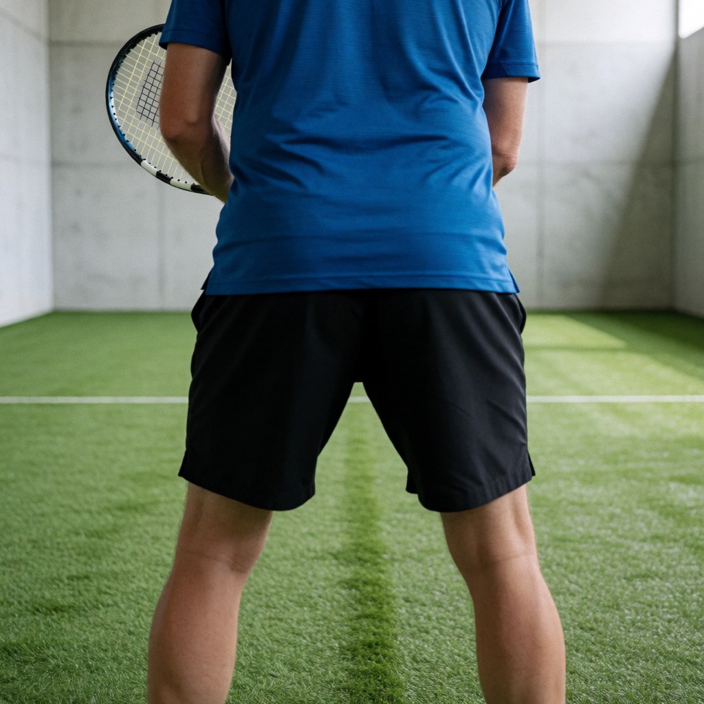 Tennis player holding a racket on a synthetic court with concrete walls, demonstrating a professional stance for lessons or matches.