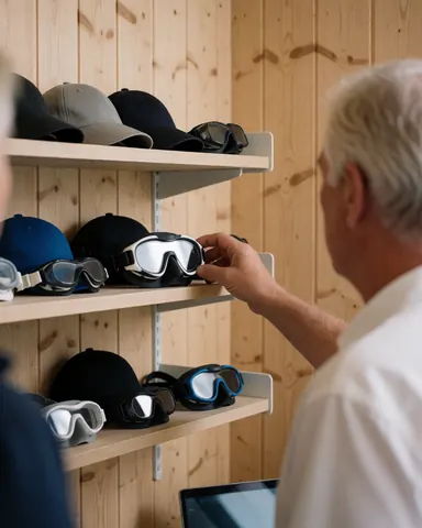 A senior customer selects swimming goggles in a pool equipment store with wooden shelves and walls.