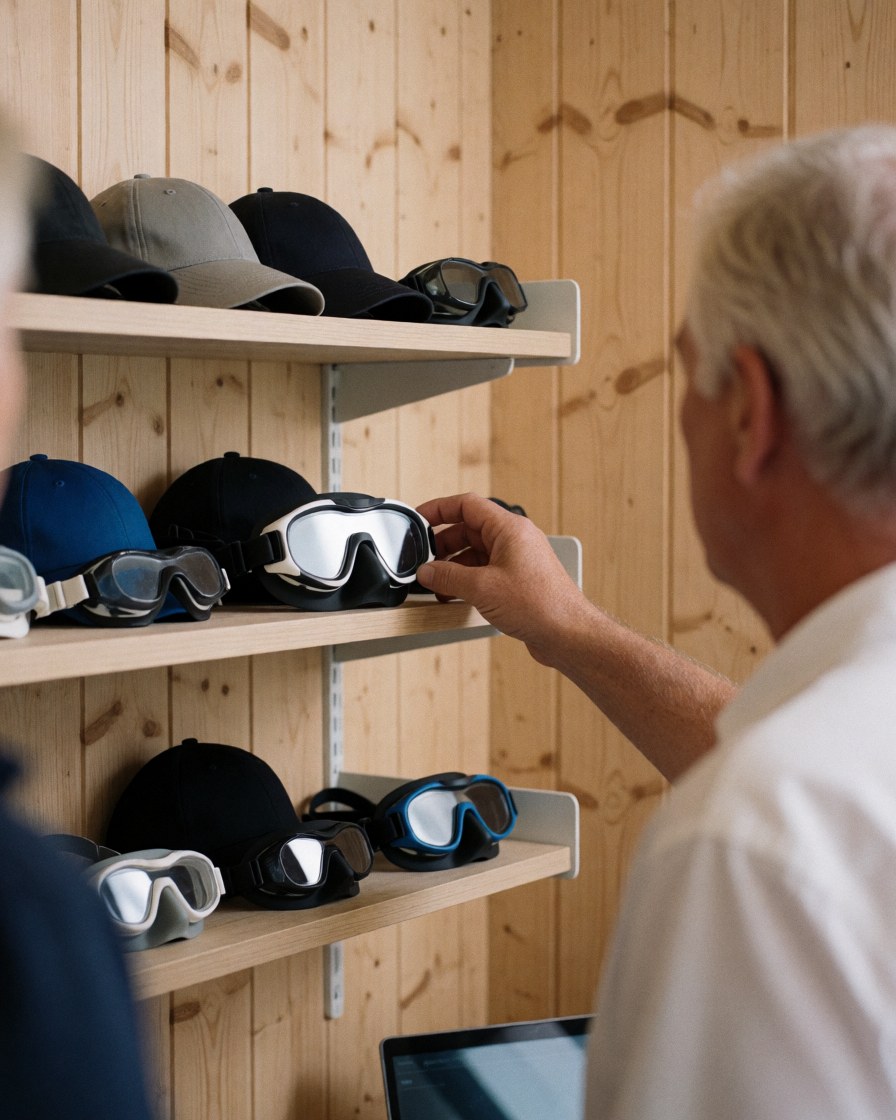 A senior customer selects swimming goggles in a pool equipment store with wooden shelves and walls.