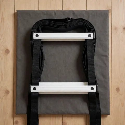 Folded white-framed agility ladder with black nylon straps resting on a gray cloth surface against a light wood wall for sports training