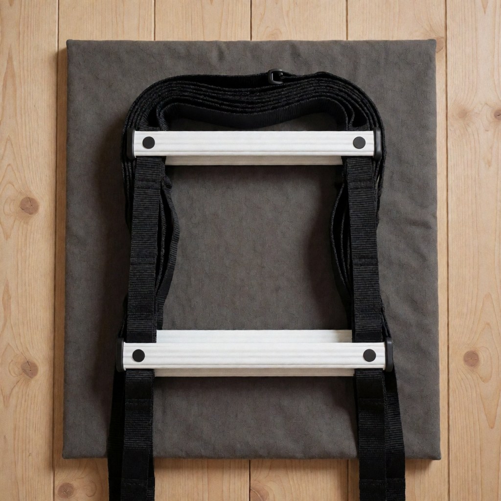 Folded white-framed agility ladder with black nylon straps resting on a gray cloth surface against a light wood wall for sports training