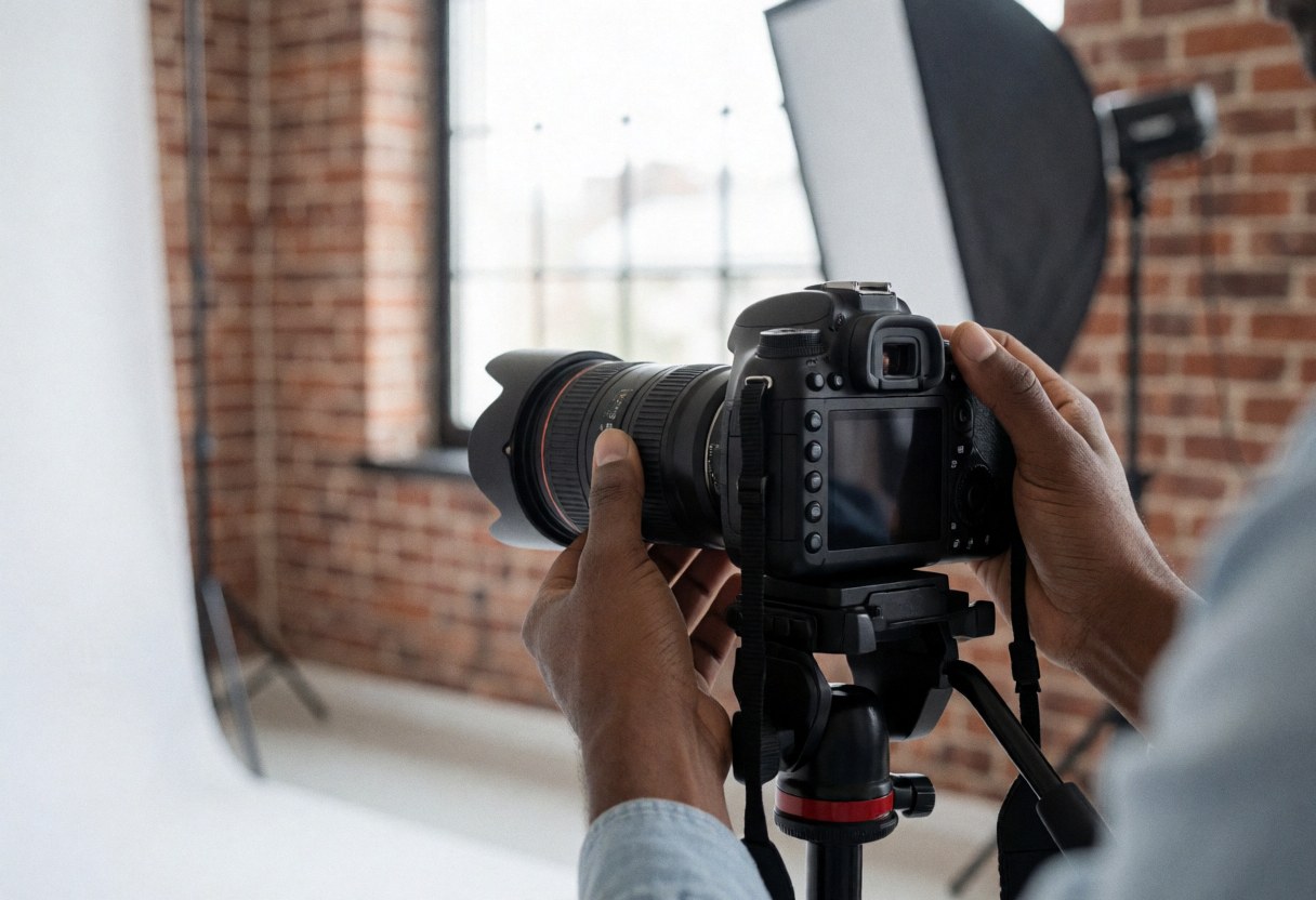 Close-up of hands adjusting the focus ring on a dslr camera mounted on a tripod in a studio with a brick wall and softbox
