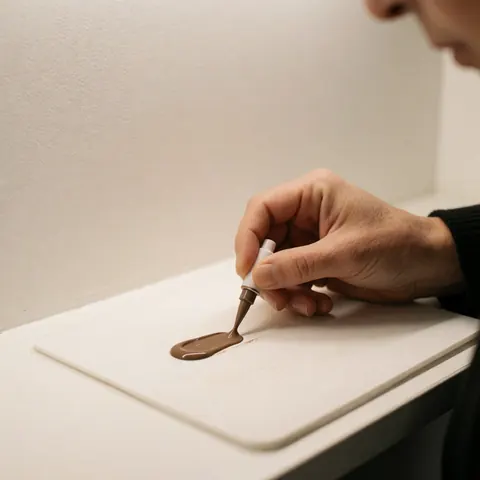 Hand using a microblading applicator to touch brown pigment on a white surface with warm lighting