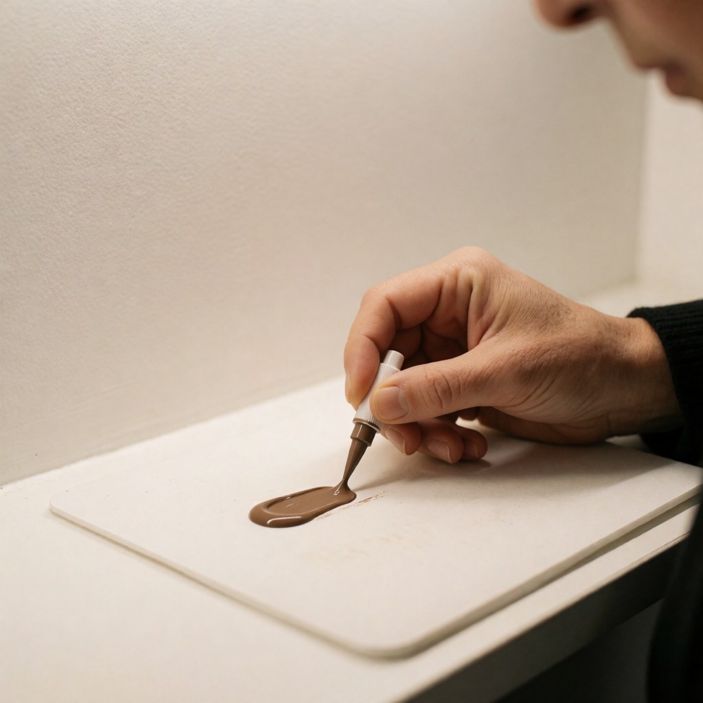 Hand using a microblading applicator to touch brown pigment on a white surface with warm lighting