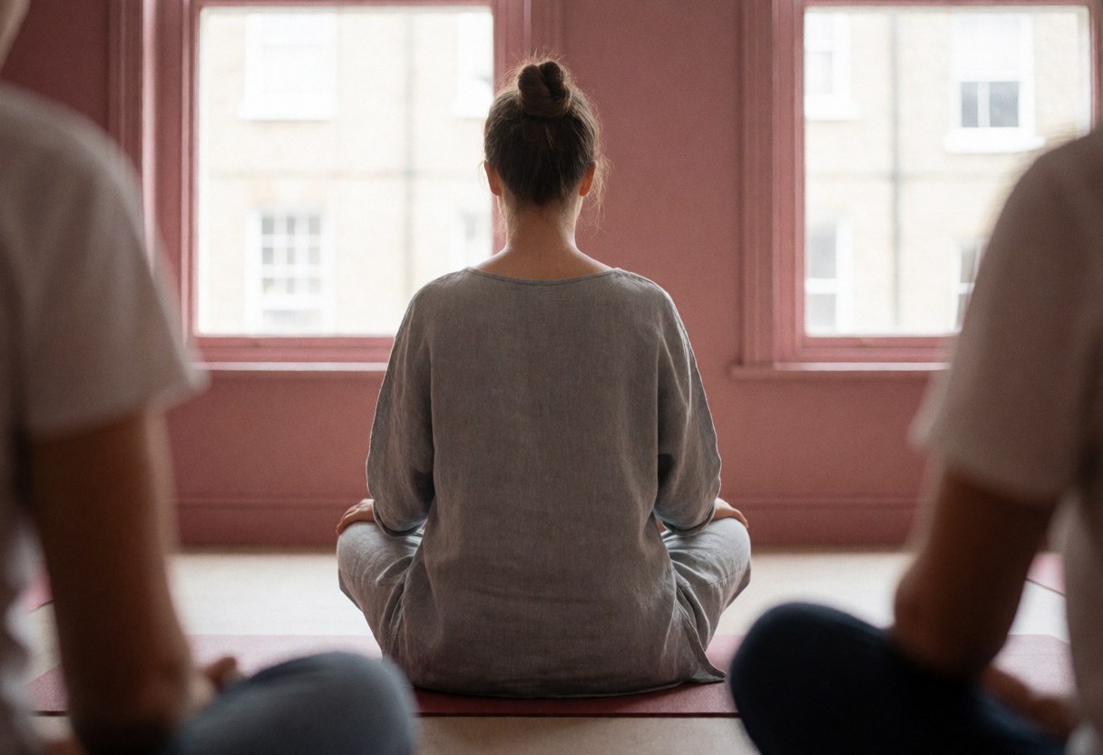 Yoga instructor sitting in lotus pose in a room with pink walls and natural light, viewed from behind during a class