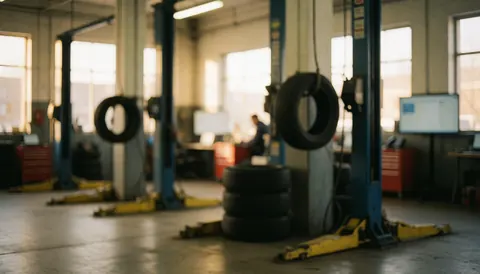 A tire suspended from a hydraulic lift in a warm-lit tire repair shop with a soft depth of field, ideal for text backgrounds.