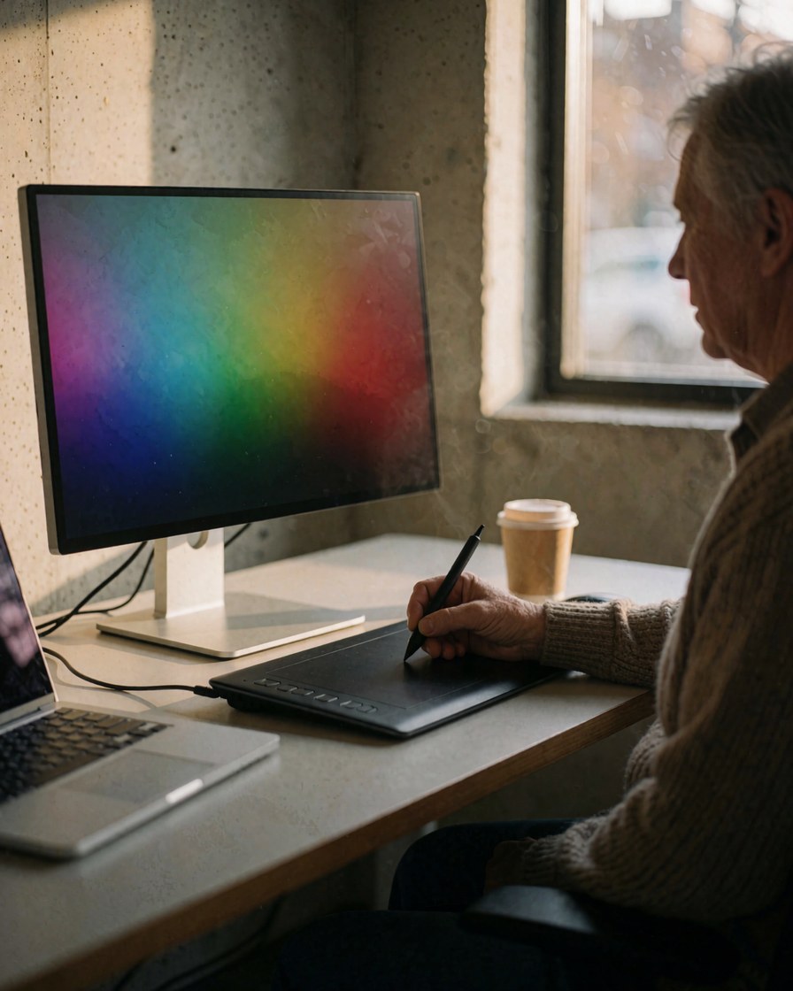 Artist working with a graphics tablet and color monitor in a studio with concrete walls and warm lighting