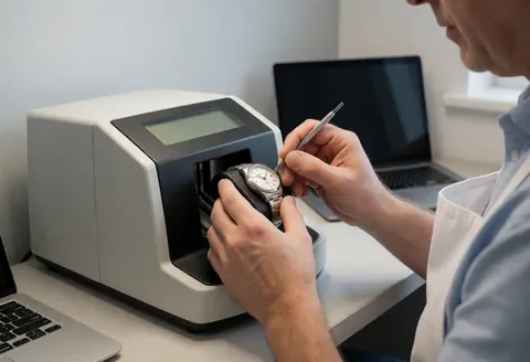 Close-up of a hand using a tool to adjust a wristwatch on a professional testing device in a workshop setting.