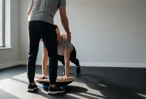 Fitness trainer assisting a client with balance exercises on a wobble board in a gym with natural light and gray walls