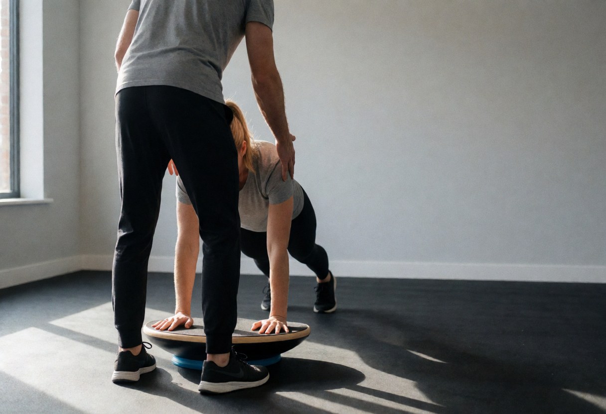 Fitness trainer assisting a client with balance exercises on a wobble board in a gym with natural light and gray walls