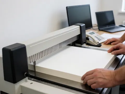 Hands positioning a stack of white paper on a guillotine cutter in a print shop office with white walls and office equipment