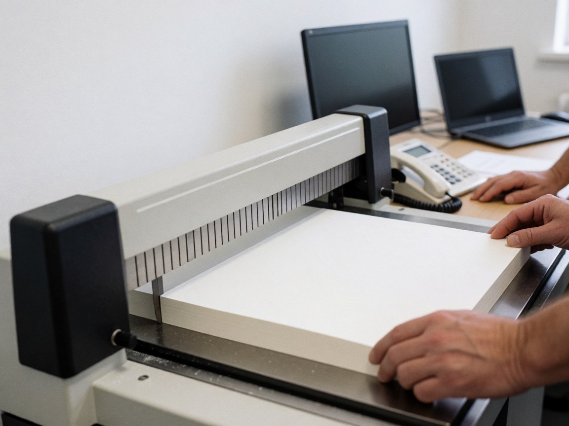 Hands positioning a stack of white paper on a guillotine cutter in a print shop office with white walls and office equipment
