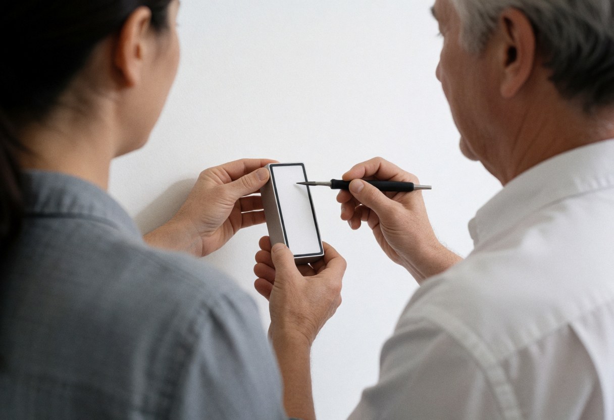 A technician reviews an electronic device with a client in a white studio setting, with precision tools visible nearby.