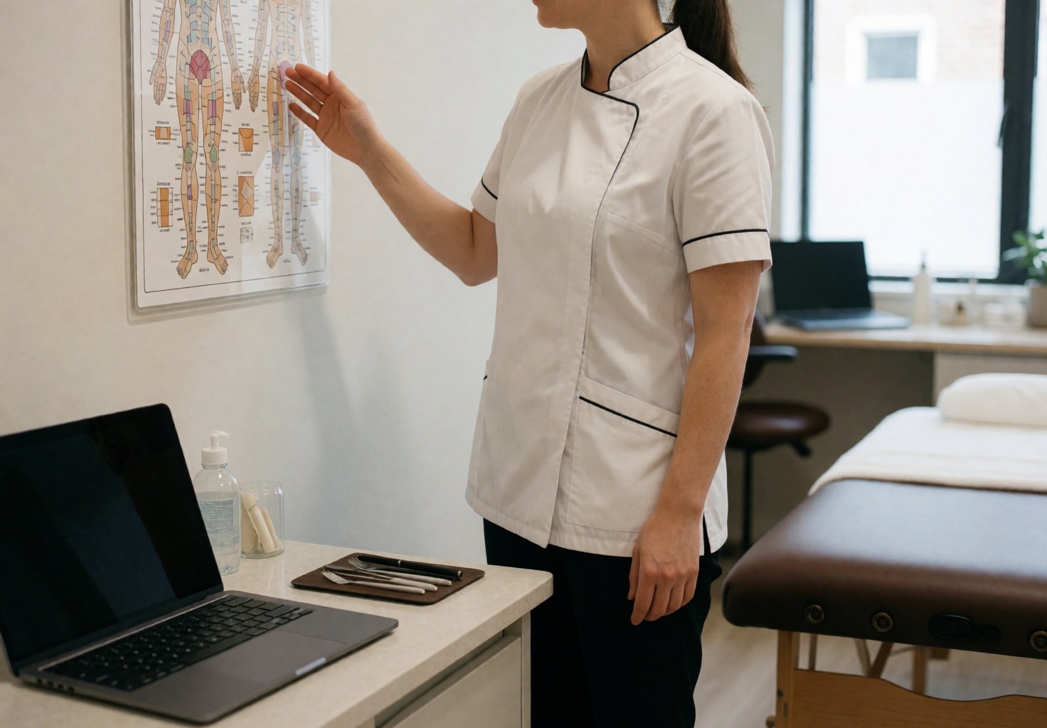 Therapist in white uniform points to a wall-mounted reflexology map in a modern clinic with a treatment table and laptop.