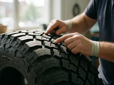 Close-up of hands checking the tread of an off-road tire in a workshop with natural light